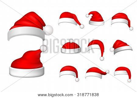 Santa Claus Hat 3d Set. Realistic Santa Claus Hat Isolated On White Background. Red Funny Cap Silhou
