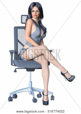 Long-haired Sexy Brunette Secretary Uniform White Stocking.short Mini Skirt Striped Jacket.beautiful