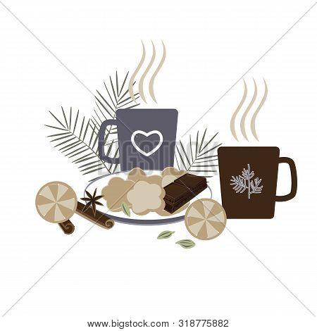 Winter Hygge Concept With Hot Drinks, Dried Orange, Gingerbread Cookies, Cinnamon And Anise On Plate