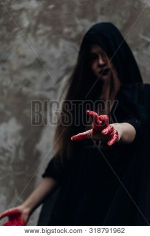 Portrait Woman Ghost Devil And Reach Out Hand Have Red Blood, Halloween Concept