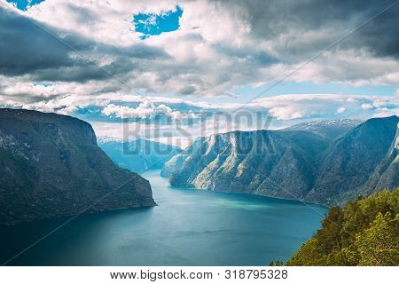 Sogn And Fjordane Fjord, Norway. Amazing Summer Scenic View Of Sogn Og Fjordane. Famous Norwegian La