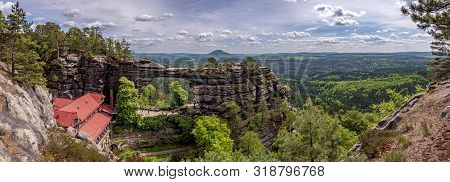 Panoramic View Of Prebischtor Gate (pravcicka Brana), The Biggest Natural Sandstone Arch In Europe. 