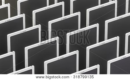 White Tablets With A Black Screen In Rows In A Row- 3d Illustration