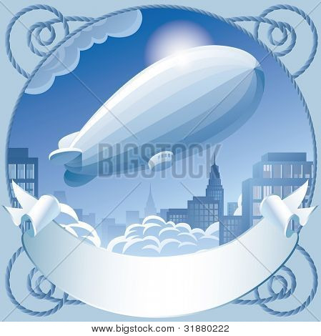 Rastrové verze retro popisku s zeppelin obloze nad městem