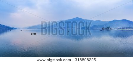 Boats On Phewa Lake. Wide Angle Landscape. Pokhara, Nepal.