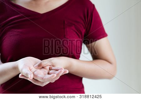 Woman Wrist Arm Pain Long Working. Office Syndrome Healthcare And Medicine Concept