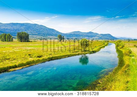 Beautiful Gacka River, Field Aerial Summer View, Lika Region Of Croatia