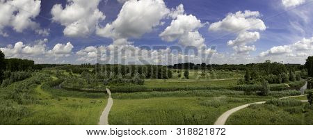 View From A Watchtower, Beautiful Cloudscape Over Nature And Recreation Area Broekpolder In Vlaardin