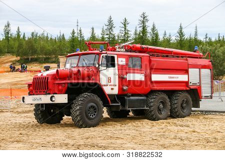 Novyy Urengoy, Russia - August 10, 2019: Offroad Firetruck Ural 4320 At The Countryside.