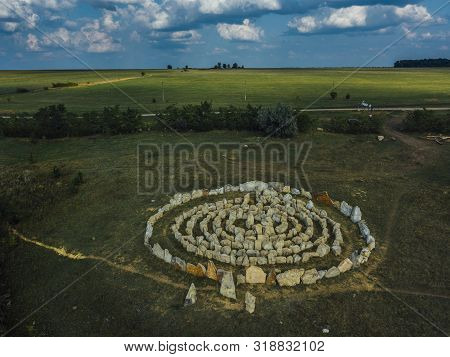 Spiral Labyrinth Made Of Stones, Top View From Drone