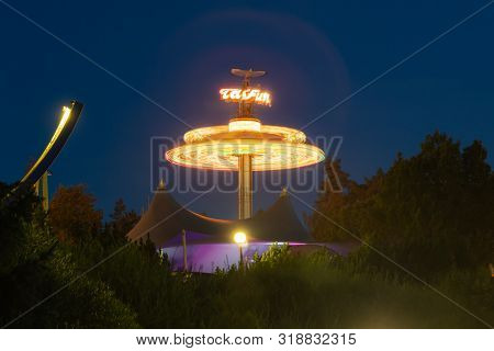 Kouvola, Finland - 24 August 2019: Rotating Ride Taifun In Amusement Park Tykkimaki.