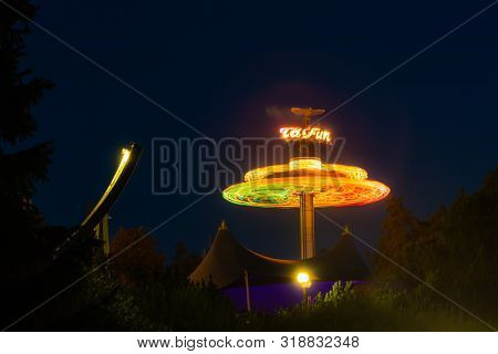 Kouvola, Finland - 24 August 2019: Rotating Ride Taifun In Amusement Park Tykkimaki.
