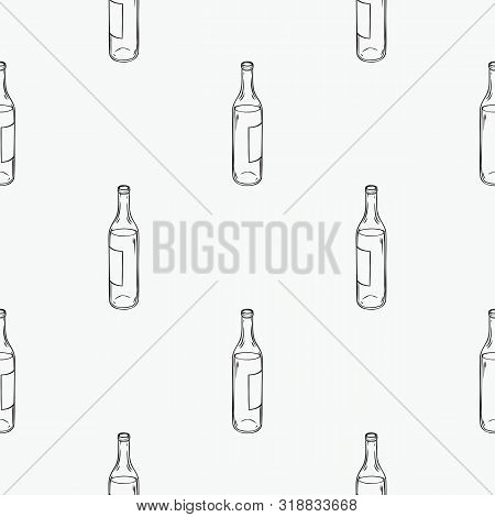 Seamless Pattern With Winebottles. Black Contours On A White Background For Coloring