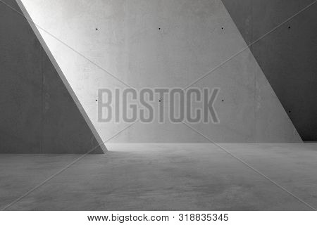 Abstract Empty, Modern Concrete Room With Sidelit Back Triangle Wall And Rough Floor - Industrial In