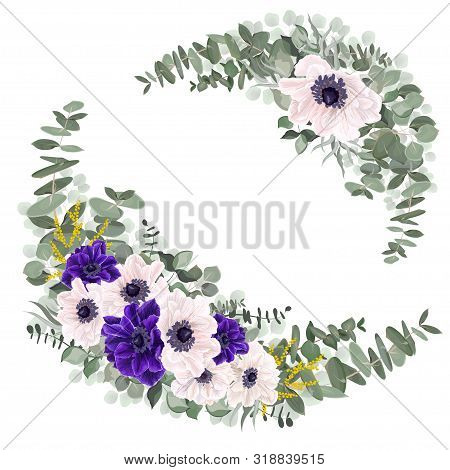 Vector Floral Elements For Design. White And Blue Anemones, Leaves And Branches Of Eucalyptus, Mimos