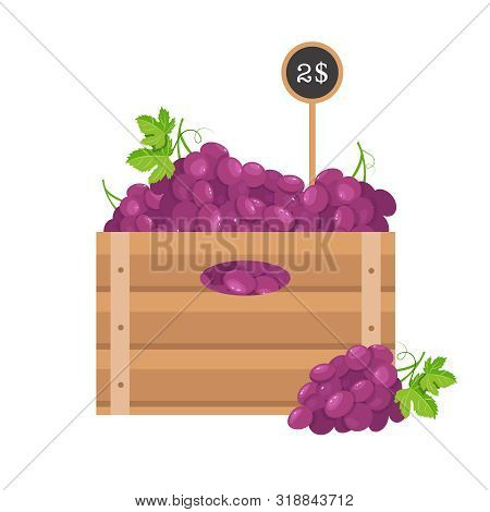 Grape With Price Tag In Wooden Grate On White Background.