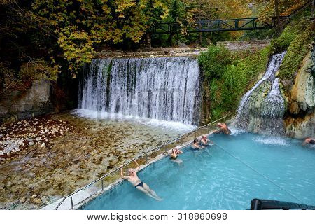 Loutra, Aridea, Greece-october 13: The Tourists Swimming In Water From Hot Springs In Loutra, Aridea