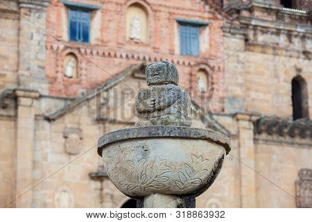 Detail Of The Antique Fountain At The Central Square In The Small Town Of Mongui With The Historical