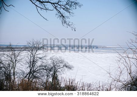 Bridge Over The Frozen River In Cherkassy.