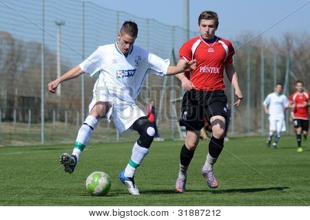 KAPOSVÁR, Hungria - 16 de março: Viktor Szepesi (L) em ação na ONU Campeonato Nacional Húngaro