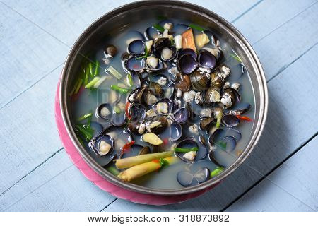 Shijimi Shellfish Freshwater Bivalve Such As Clams Shell Cooked With Herb And Spices On Bowl Soup On