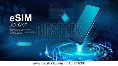 Esim And Smartphone Hologram. Presentation Banner, Holographic Projection With Isometric Smartphones