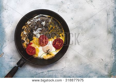 Breakfast With Fried Eggs And Vegetables. Fried Egg Pan. Omelet In The Frypan With Fresh Vegetables