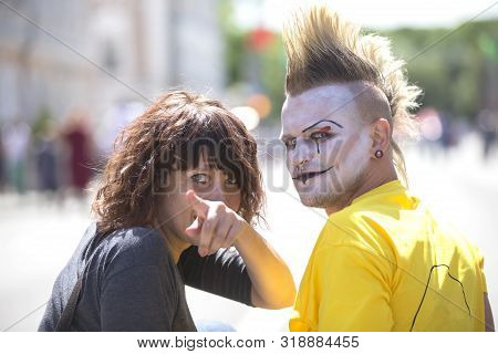 Belarus, The City Of Gimel, July 03, 2019. Youth Festival.guy Punk With A Beautiful Girl In Bright C
