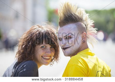 Belarus, The City Of Gimel, July 03, 2019. Youth Festival.guy Punk With A Beautiful Girl On A City S