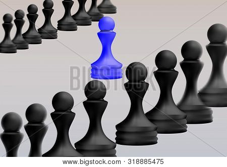 Leadership Concept, Blue Pawn Of Chess, Standing Out From The Crowd Of Blacks. Business Strategy, 3d