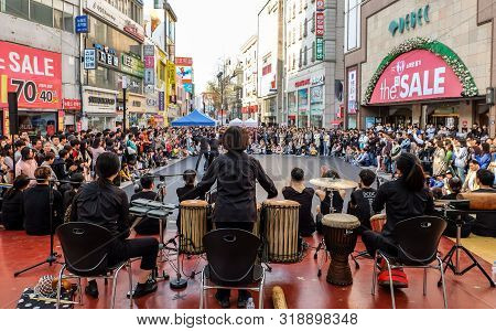 Daegu, South Korea - April 6, 2019 : People Walking At Dongseongno Shopping Street And Watching Spec