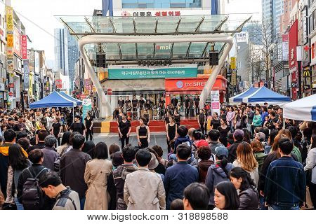 Daegu, South Korea - April 6, 2019 : People Walking At Dongseongno Shopping Street And Watching Spec
