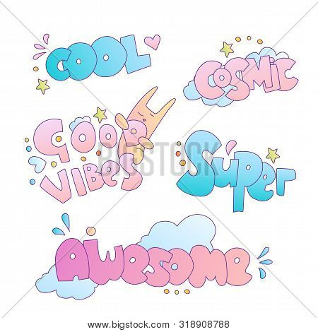 Positive Cute Cartoon Little Girl And Princess Stickers And Lettering. Cartoon Lettering Phrases, Wo