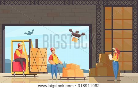Delivery Warehouse Composition With Stock Building Doodle Style Human Characters And Quadcopter Dron