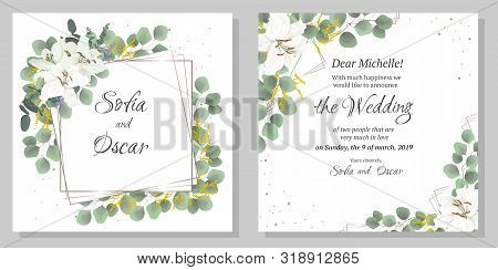 Vector Floral Template For Wedding Invitation. Eucalyptus, Berries, Green Plants And Leaves, Lily Fl