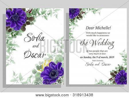 Template For A Wedding Invitation. Beautiful Blue Anemones, Eucalyptus, Green Plants And Leaves. Vec