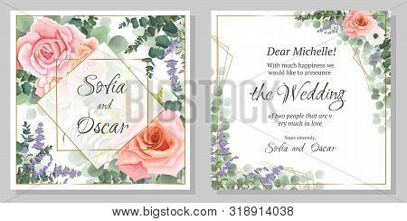 Vector Template For Wedding Invitation. Pink Roses, Lavender, Berries, Green Plants, Polygonal Gold 