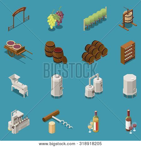 Wine Production Isometric Icons Set With Winery Equipment Barrel Grape Bunches Corkscrew Isolated On