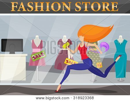 Girl With A Discount Coupon Runs To A Fashion Store. Sale Of Goods And Big Discounts In The Store. C