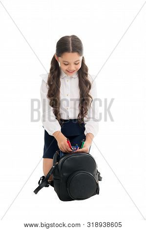 Carrying Things In Backpack. Getting Ready. Fit Backpack Correctly. Girl Little Fashionable Cutie Ca