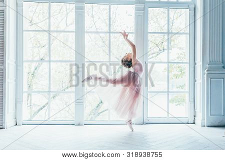 Young Classical Ballet Dancer Girl In Dance Class. Beautiful Graceful Ballerina Practice Ballet Posi