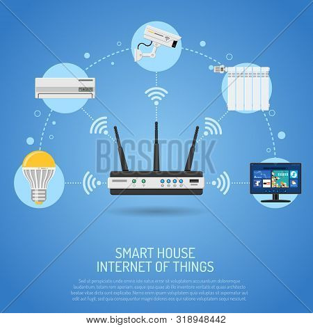 Smart House And Internet Of Things Concept. Router Controls Smart Home Through Internet Like Securit