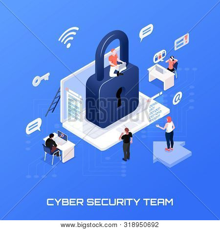 Cyber Security Team Isometric Concept On Blue Background 3d Vector Illustration