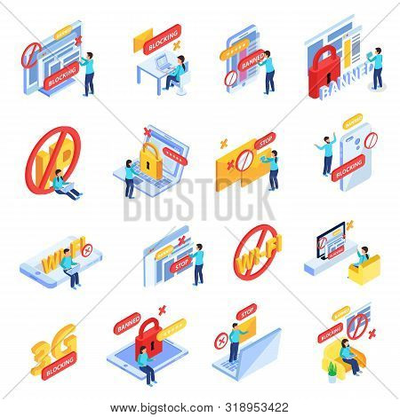 Blocking Internet Sites Users Online Social Networks Members Ip Addresses Symbols Isometric Icons Co
