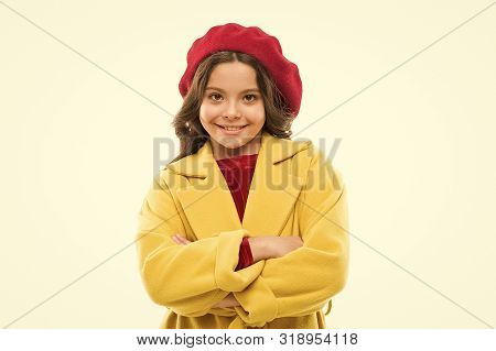Dress Up Like Fashion Girl. Kid Little Cute Girl Smiling Face Posing In Hat Isolated On White. Fashi