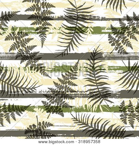 Organic New Zealand Fern Frond And Bracken Grass Over Painted Stripes Seamless Pattern Design. Brazi