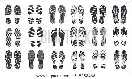 Footprint Steps. Barefoot, Sneaker And Shoes Footstep With Grunge Texture. Boot Footprint Stamps, Fo