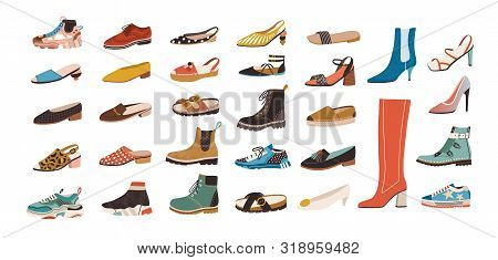 Collection Of Stylish Elegant Shoes And Boots Of Different Types Isolated On White Background. Bundl