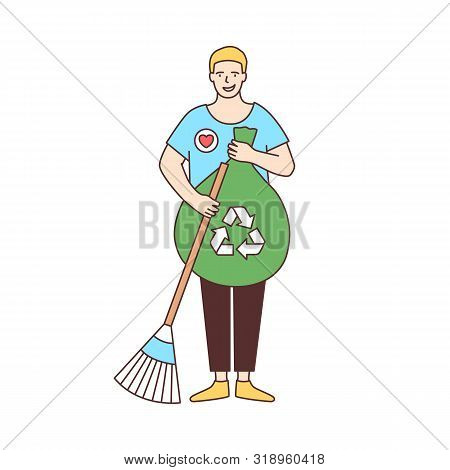 Smiling Male Volunteer With Broom And Recycling Bag Sweeping Street Isolated On White Background. Ec