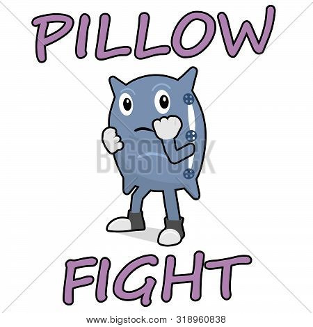 Pillow Getting Ready For Pillow Fight, Cartoon Pillow In Boxing Rack.